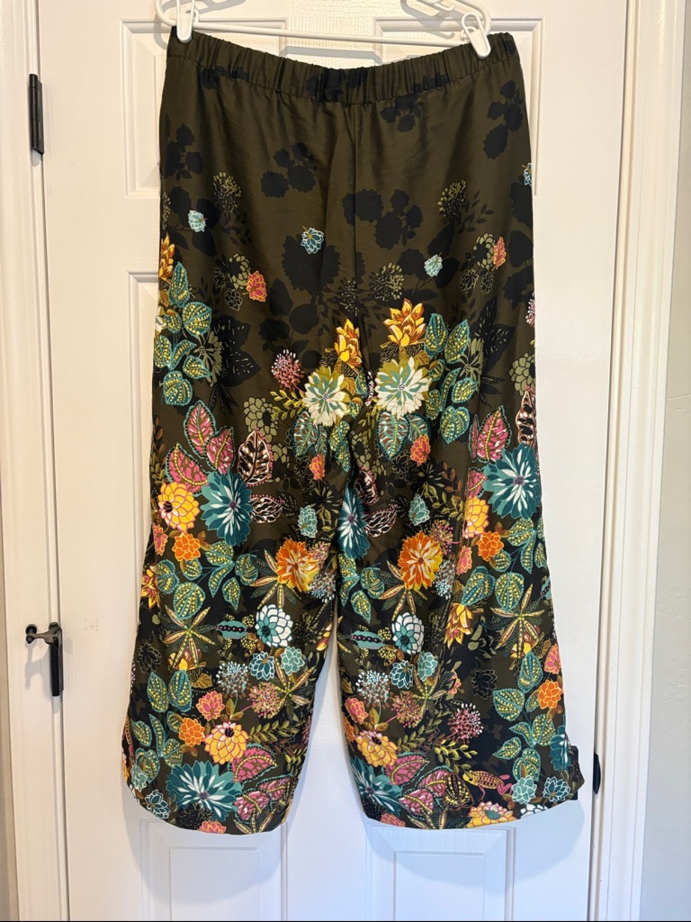 LOFT Black Elastic Waist Silk Pants Teal & Yellow Accent. Sz  Large Tall (LT) - Picture 3 of 8